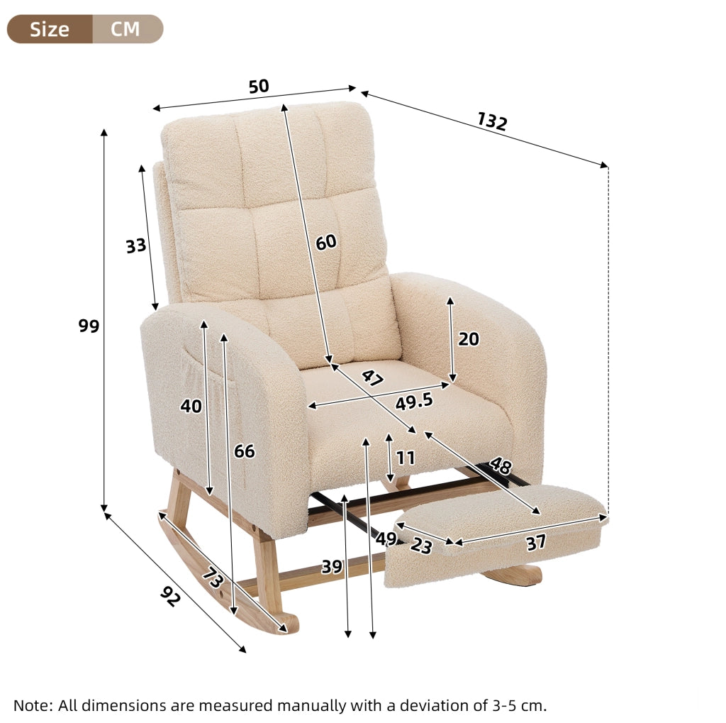 Poltrona a dondolo in bouclé beige con tasca laterale