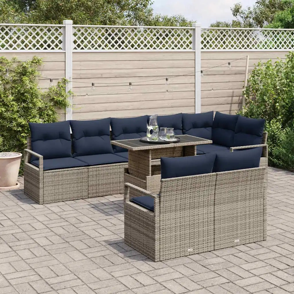 Set Divano da Giardino 9 pcs Grigio e Blu Navy polyrattan 3348851