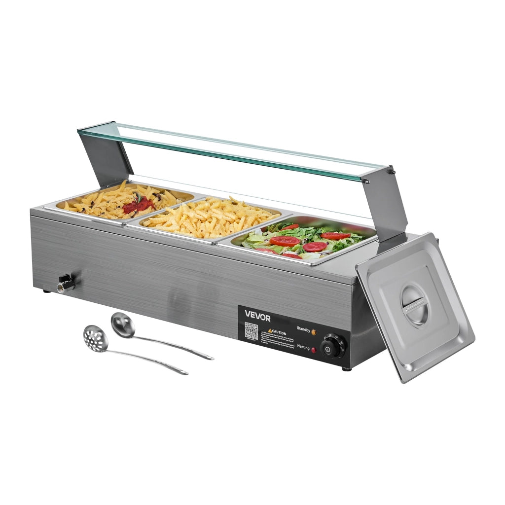 Scaldavivande elettrico a buffet M-2213 in acciaio inox, 3 contenitori 1/2, 1500 W, con coperchio in vetro, pratico e robusto per catering e feste