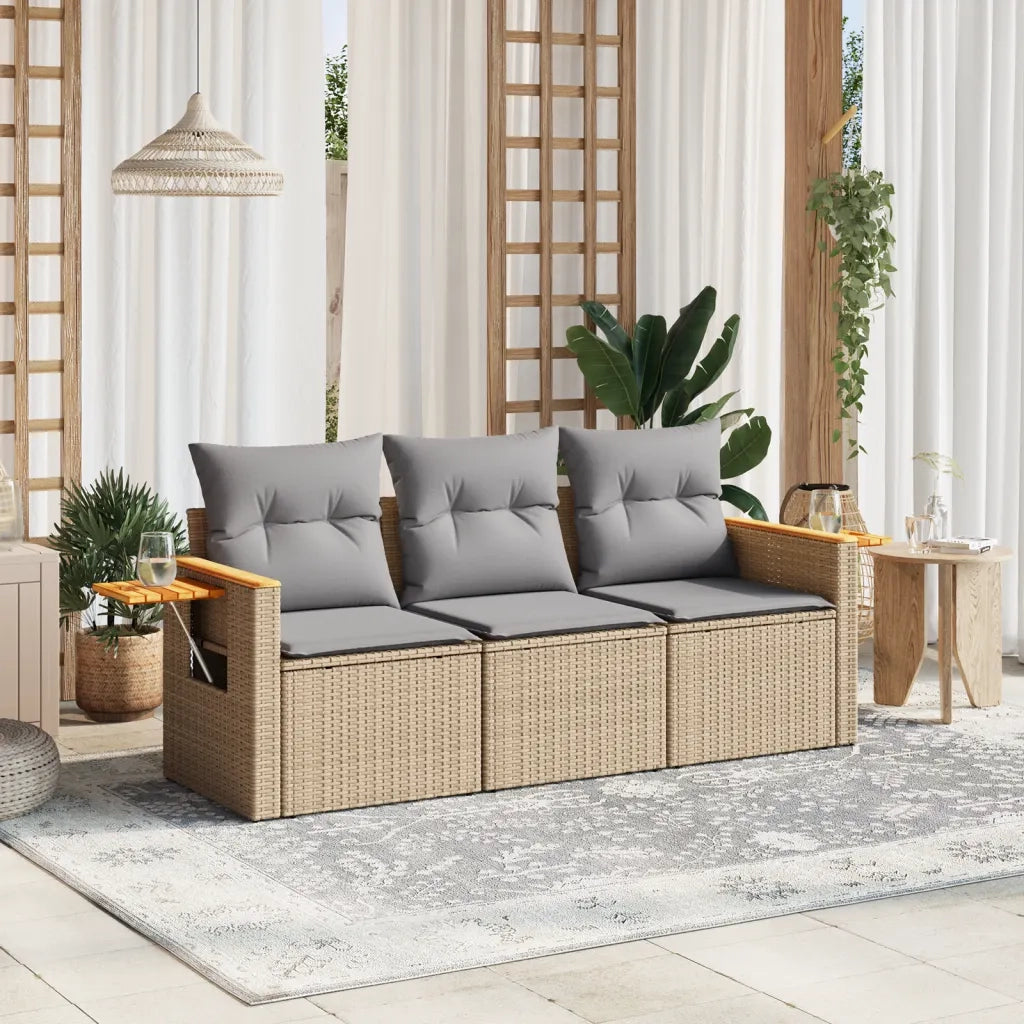 Set Divano da Giardino 3 pz | Set Salotto da Giardino con Cuscini Beige in Polyrattan