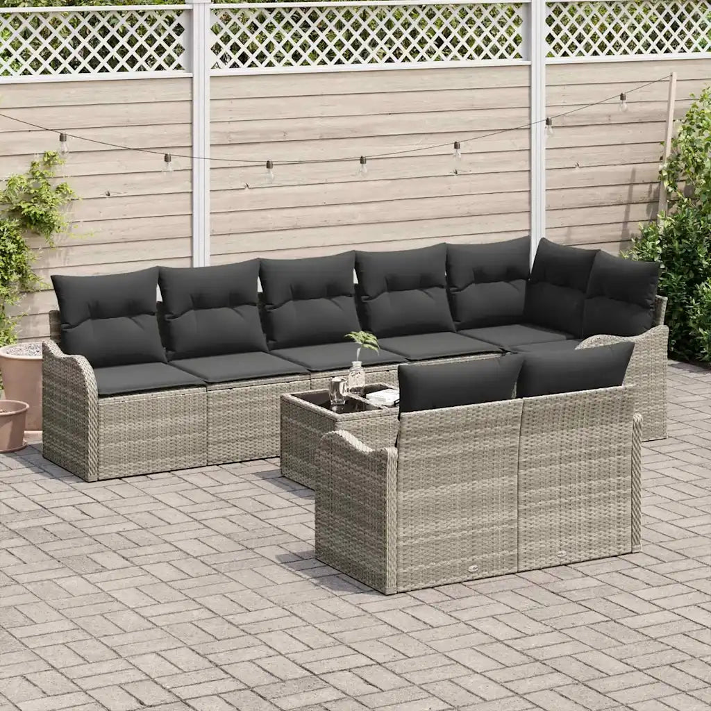 Set Divano da Giardino 9 pcs Grigio chiaro Poly Rattan