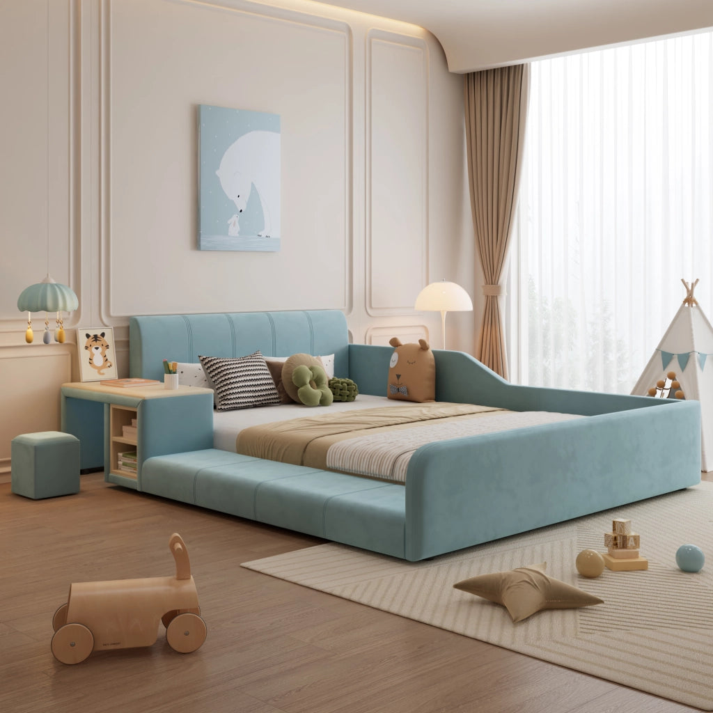Letto imbottito 140x200 cm in velluto blu; con scrivania laterale; sgabello e ripiani