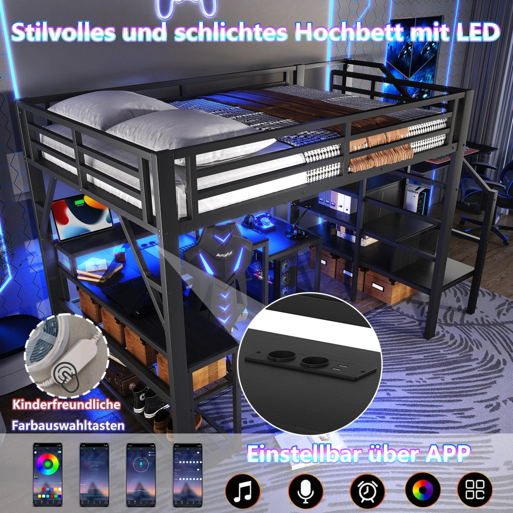 Letto a soppalco 90 ¡Á 200 cm con ripiani; gradini contenitore; LED multicolore; metallo e MDF nero