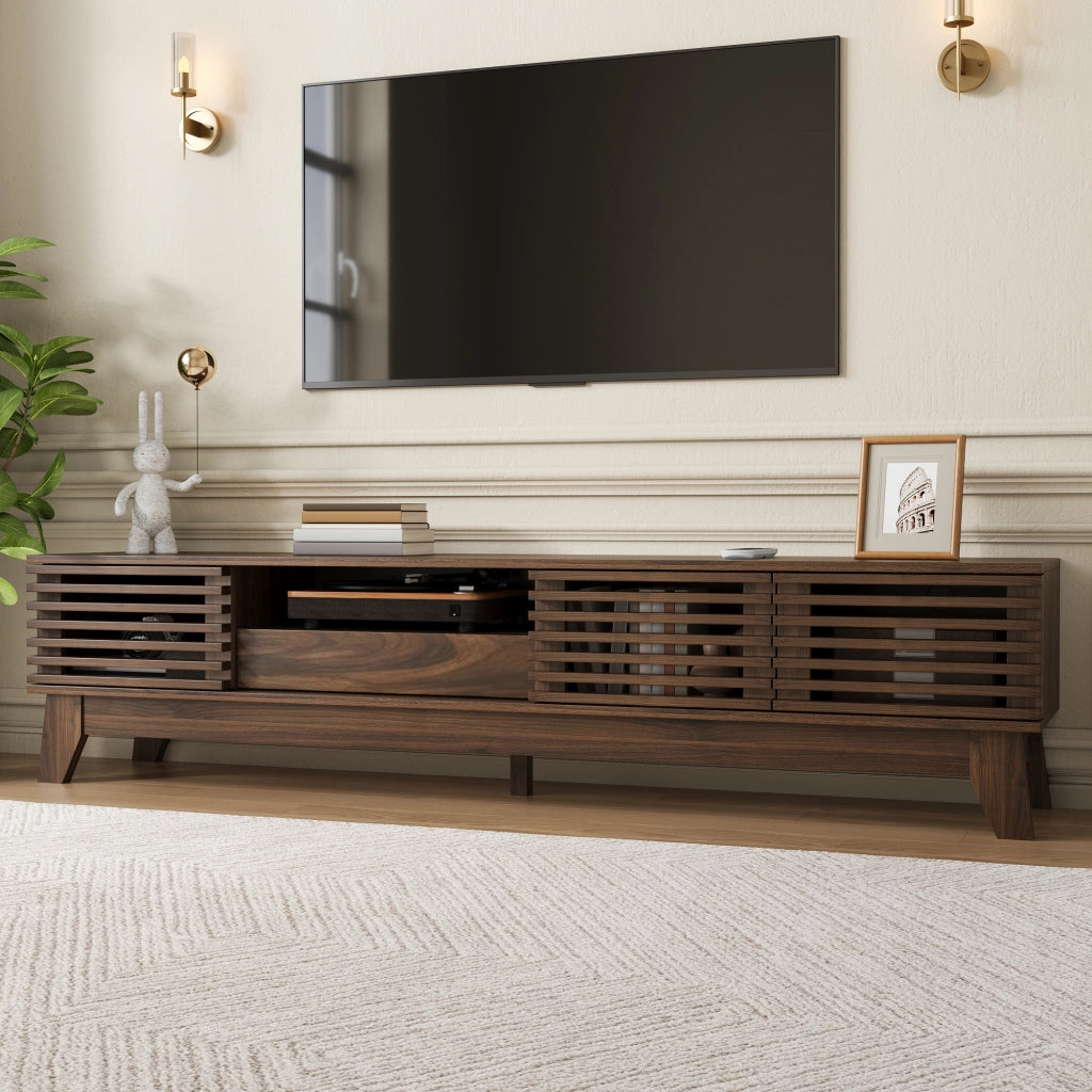 Mobile TV da 170 cm con frontali scanalati e 3 ante, MDF, noce