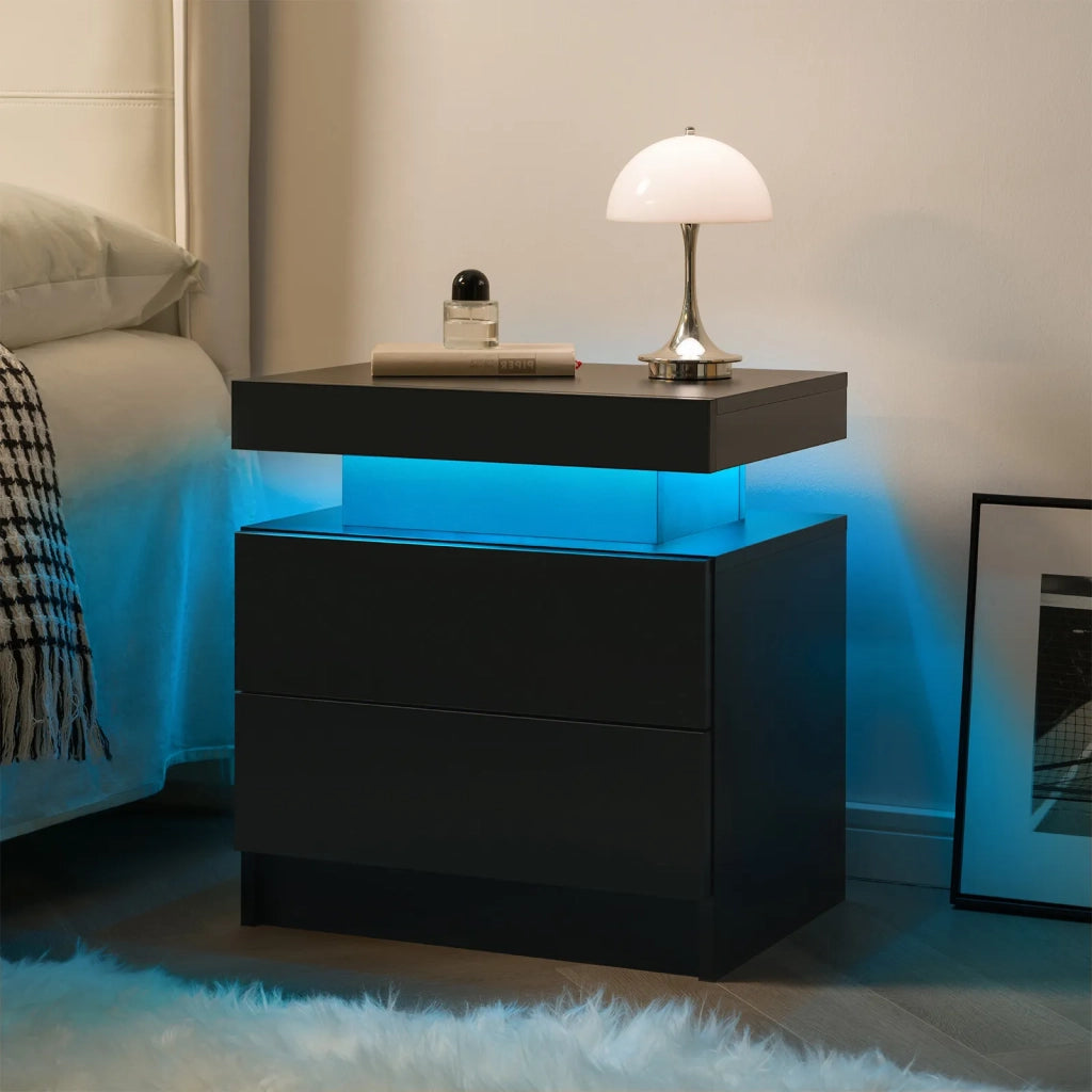 Comodino Moderno Nero con 2 Cassetti e Luci LED Integrati per Camera da Letto