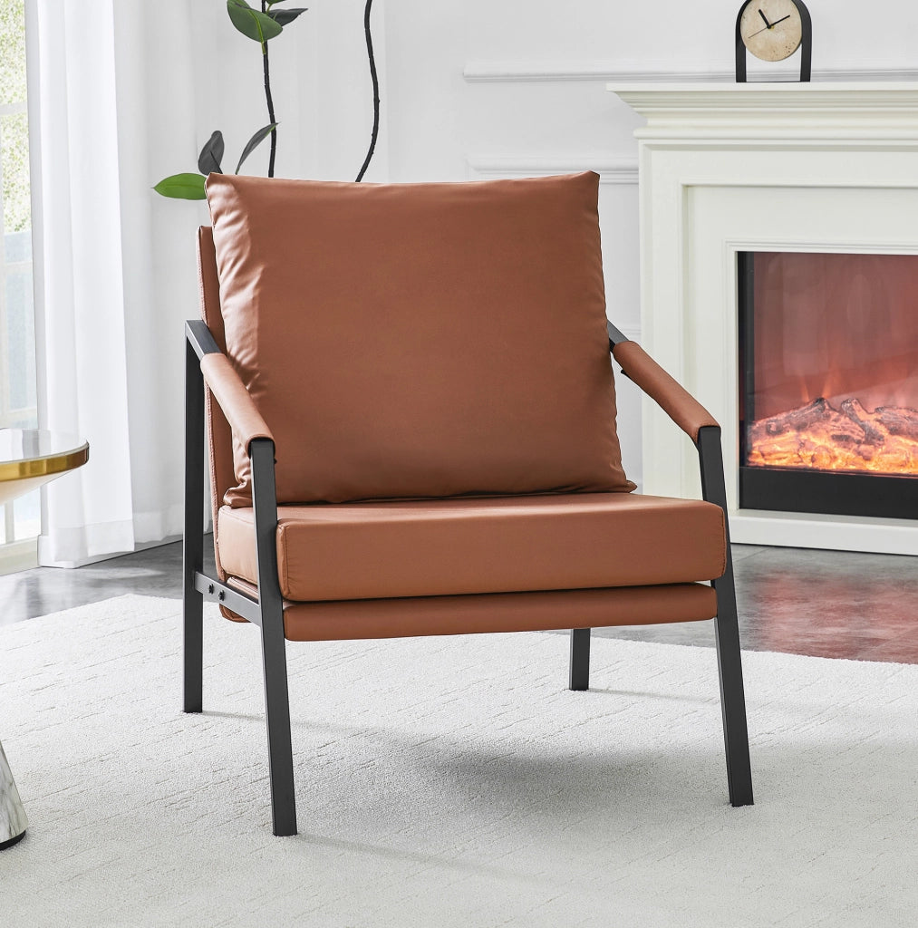 Poltrona lounge in similpelle marrone con struttura in metallo