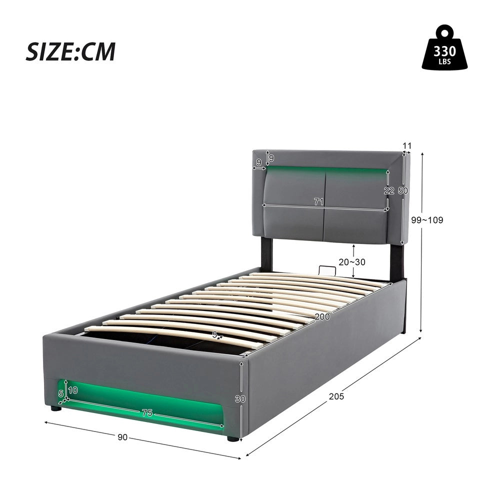 Letto Imbottito Singolo con LED, USB e Contenitore ¨C MINIMAL ¨C Grigio, 90x200 cm