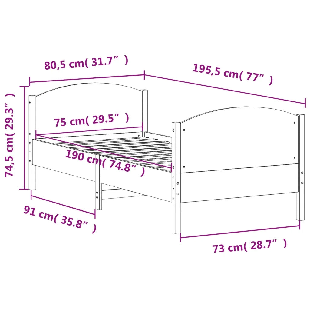 Letto senza Materasso-Struttura Letto Bianco 75x190 in Legno Massello di Pino 330866