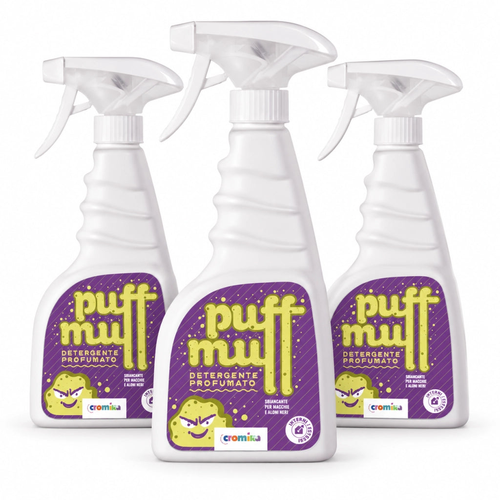 Cromika puff muff detergente spray profumato per macchie nere e aloni su pareti e superfici porose - 3 x 500 ml