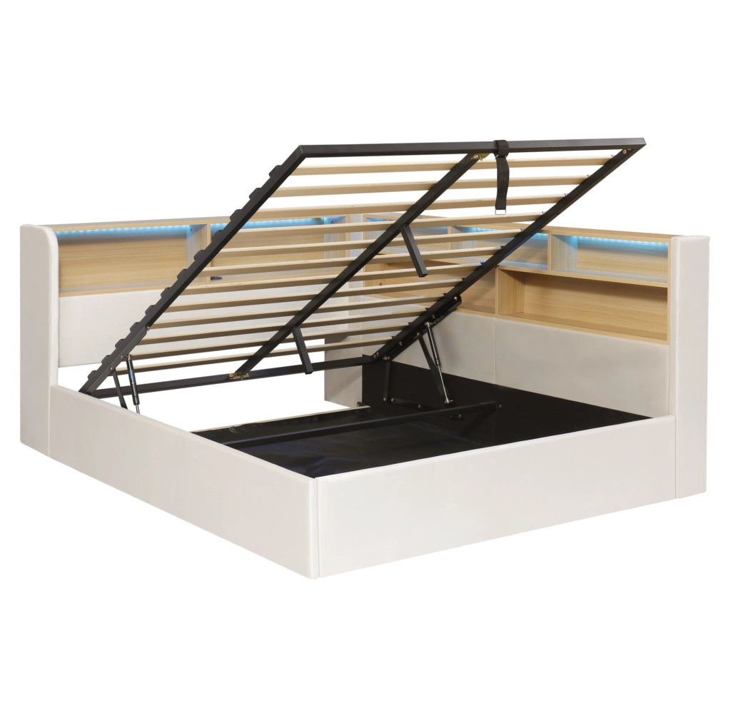 Letto imbottito con contenitore idraulico; LED; USB e Type-C; velluto beige