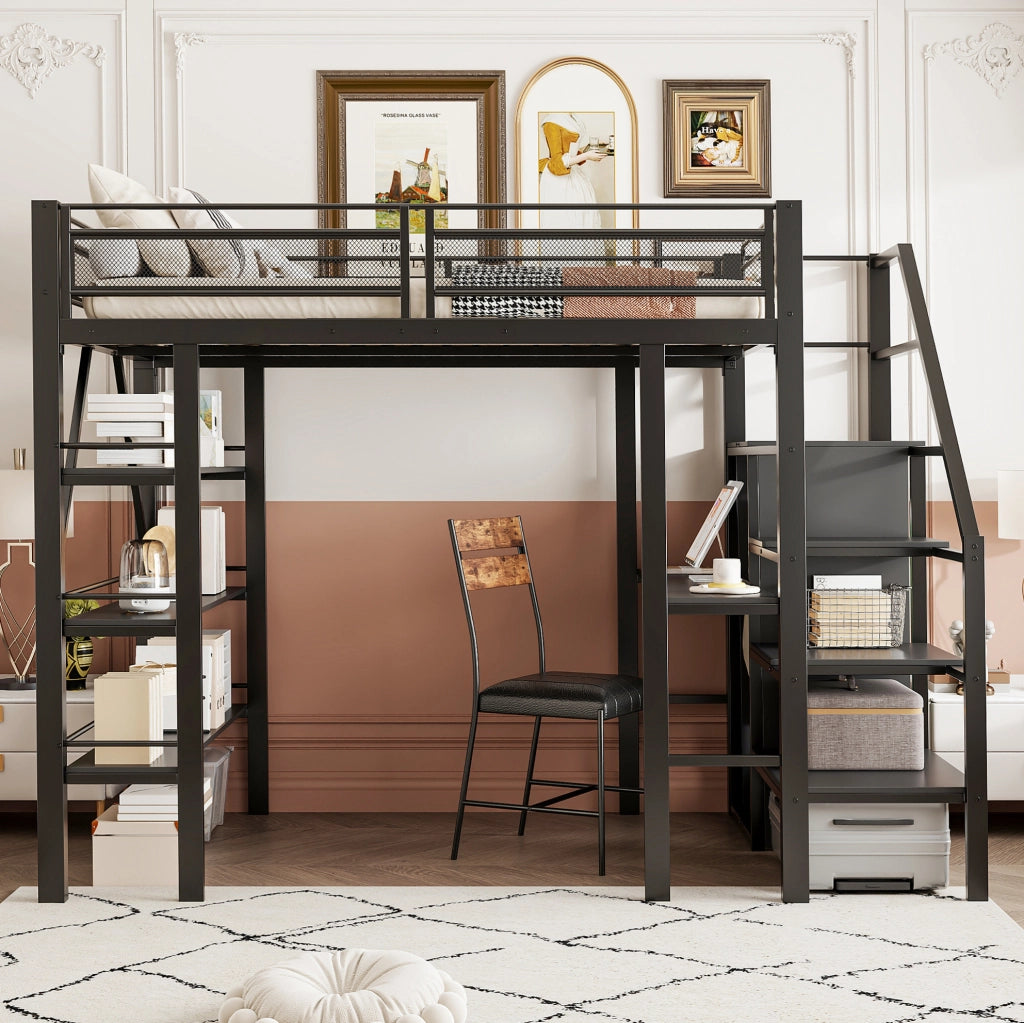 Letto a soppalco multifunzione 140x200 cm con scrivania, scaffale e armadio