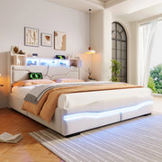 Letto imbottito 160x200 cm con contenitore idraulico, LED e porte USB, beige