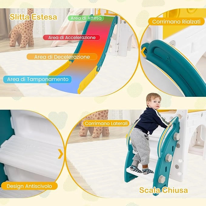 Scivolo per Bambini 9 in 1, Set da Gioco con Canestro da Basket, Telescopio, Volante, Corridoio, Tunnel e Spazio di Archiviazione, Scivolo da Interno ed Esterno per 1+ Anni (Giallo+Verde)
