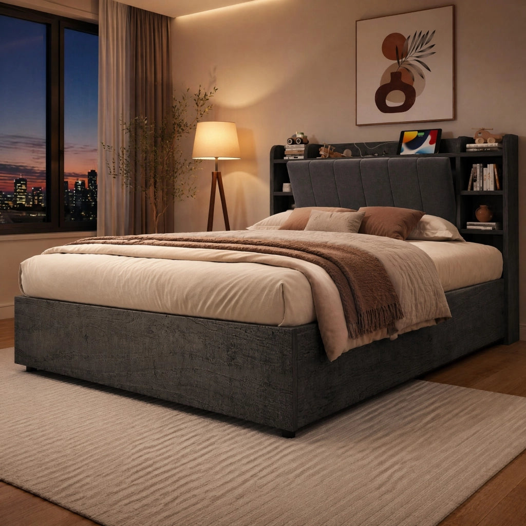 Letto contenitore 180 × 200 cm con sollevamento idraulico testiera con vani USB e Type-C in MDF grigio