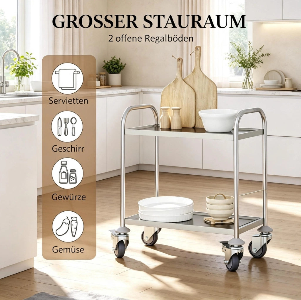 Carrello da cucina in acciaio inox cromato a 2 ripiani