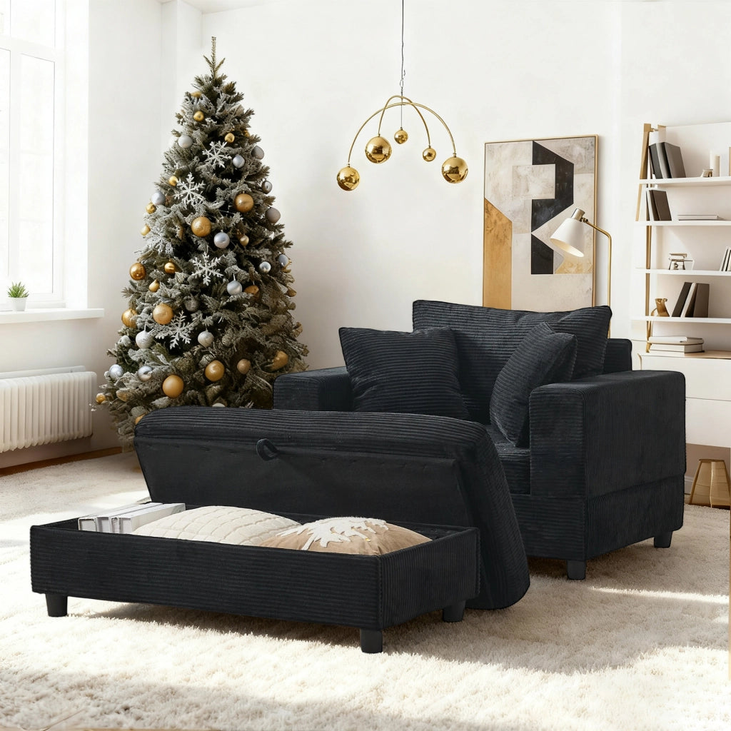 Chaise longue con contenitore, poltrona lounge in velluto a coste, metallo e legno, nero