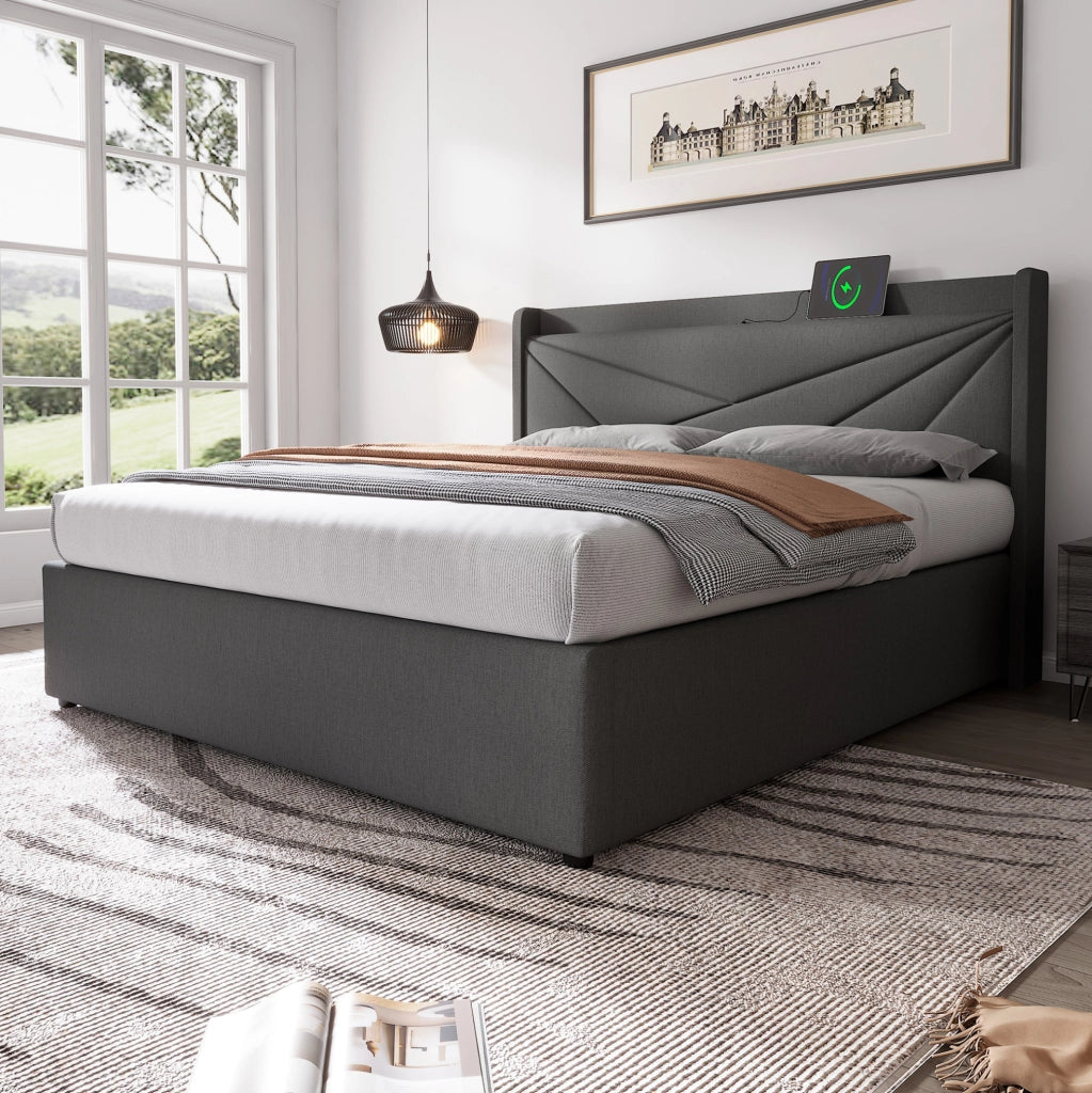 Letto matrimoniale 160x200 grigio con vano contenitore, USB e Type-C