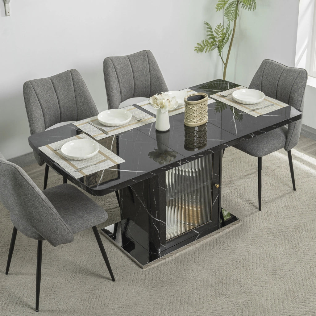 Tavolo da pranzo allungabile con mobile contenitore e ripiano regolabile MDF nero effetto marmo 120-160 ¡Á 80 ¡Á 76 cm