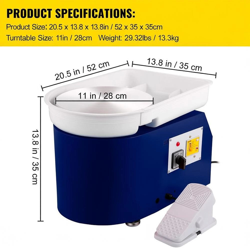 350W Pottery Wheel, 220V Ceramic Wheel Machine, 28cm Electric Pottery Wheel, Foot Pedal Control, 60 DB, 300 Rpm Pottery Art DIY Crafting Turntable, Blue, 13.3 Kg