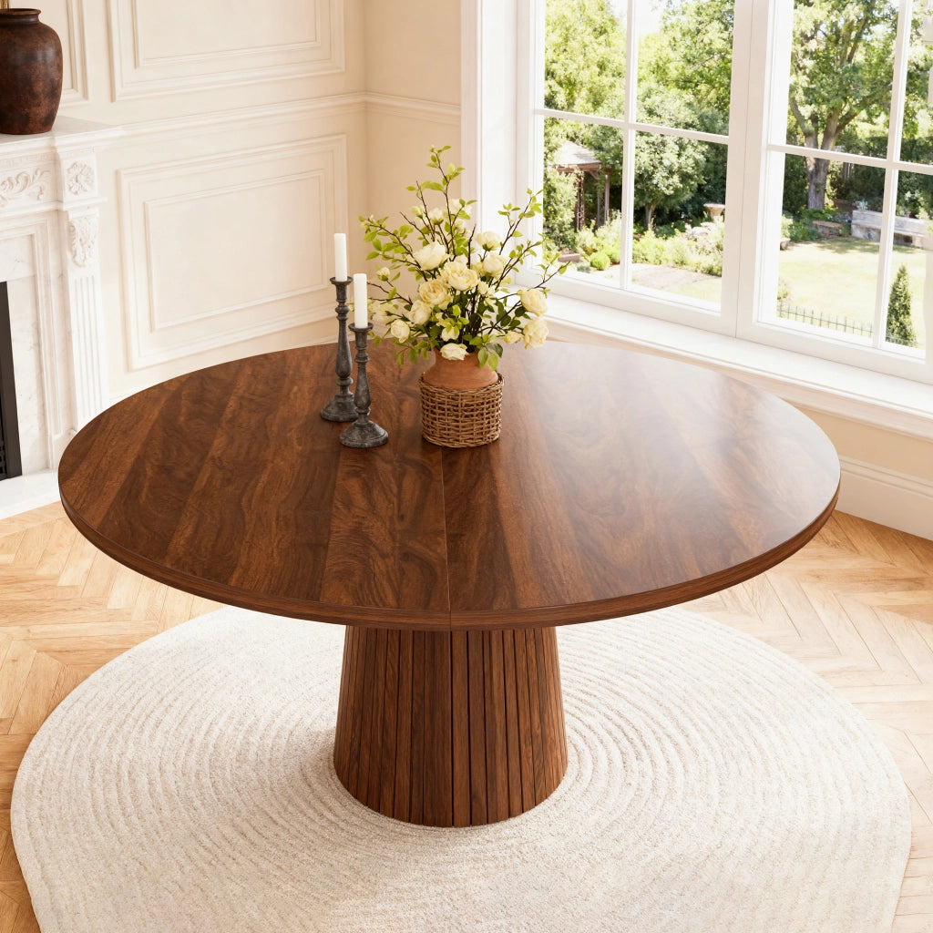 Tavolo da pranzo rotondo 110 cm in MDF impiallacciato noce con base a colonna