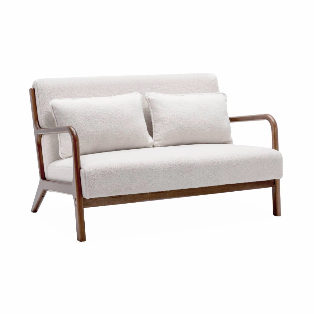 Divano in tessuto bouclé con gambe in legno tinto noce chiaro, 2