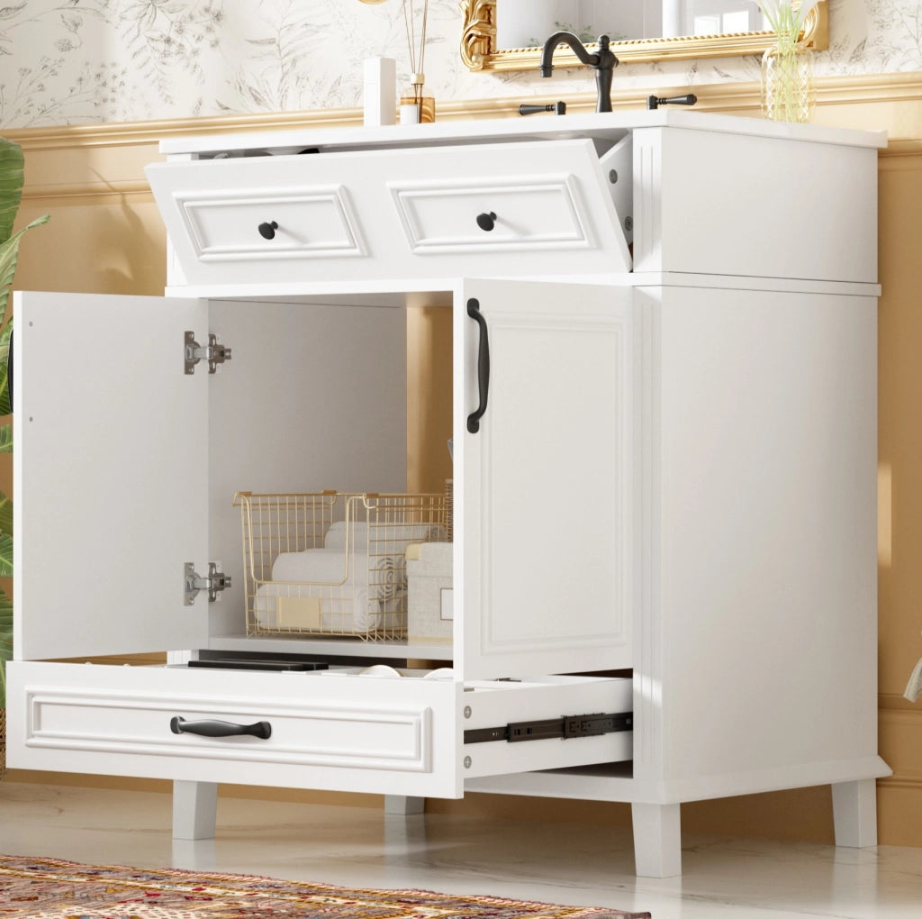 Mobile da bagno bianco, 77x46x86 cm con lavabo in ceramica integrato e 9 scomparti