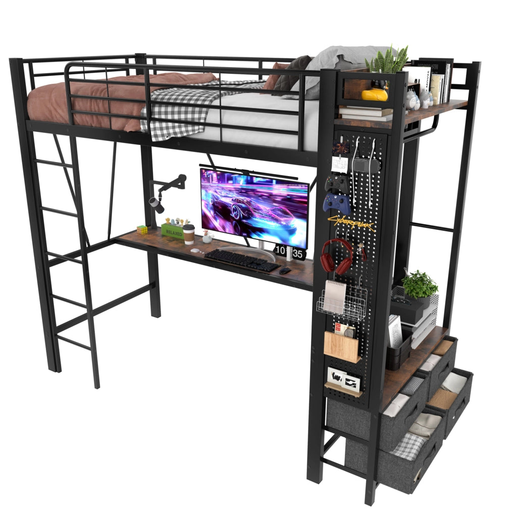 LETTO SOPPALCATO 90x200 cm Nero con scrivania, LED e USB TYPE-C