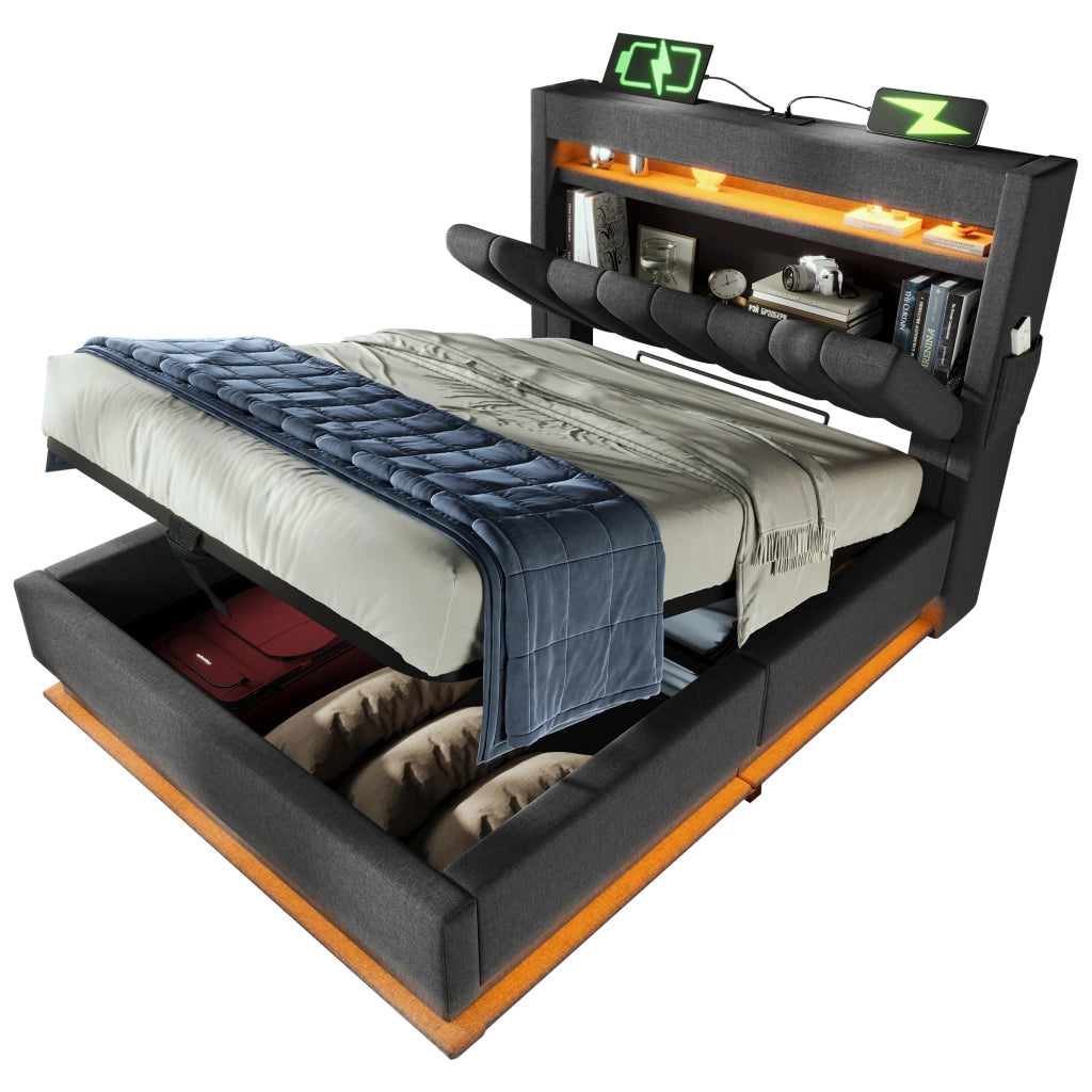 Letto singolo 90x200 cm grigio con contenitore e luci LED