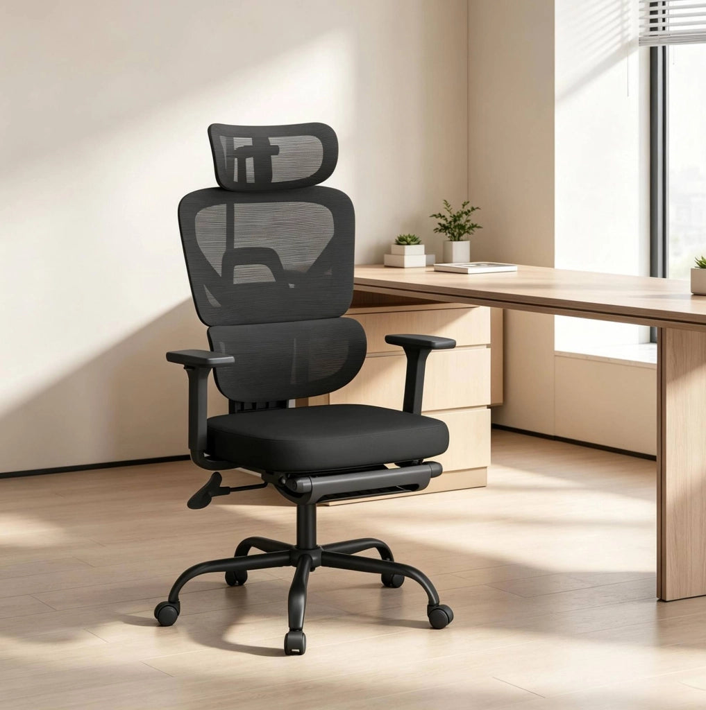 Sedia da Ufficio Ergonomica Nera con Poggiapiedi e Supporto 150 kg
