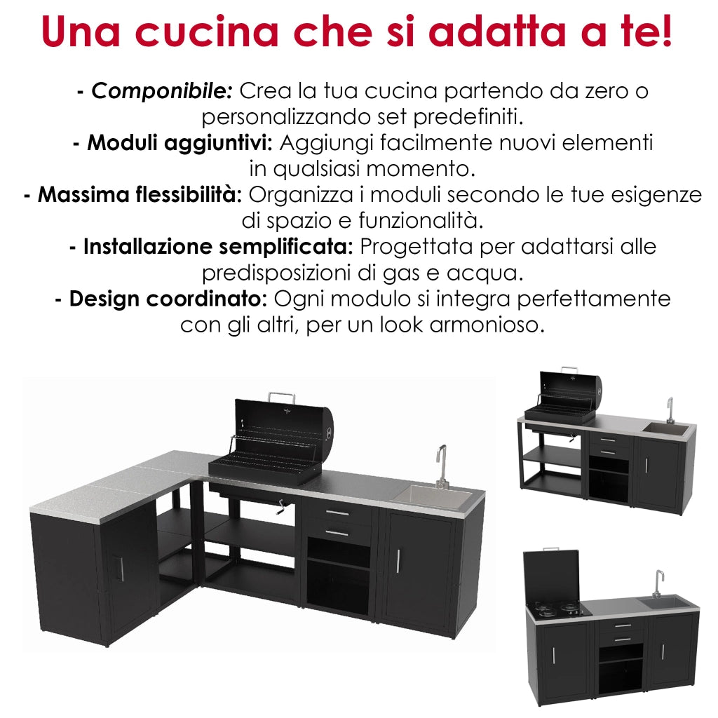 Set Cucina da Esterno a Gas 2 Elementi con Lavello Rubinetto e tagliere incassato - Struttura in Acciaio e Piano in Acciaio Inox - Nero