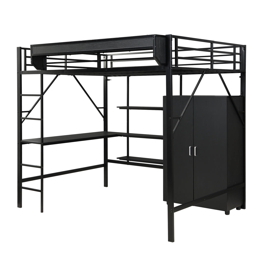 Letto a soppalco 140x200 cm in metallo nero con scrivania; armadio e ripiani