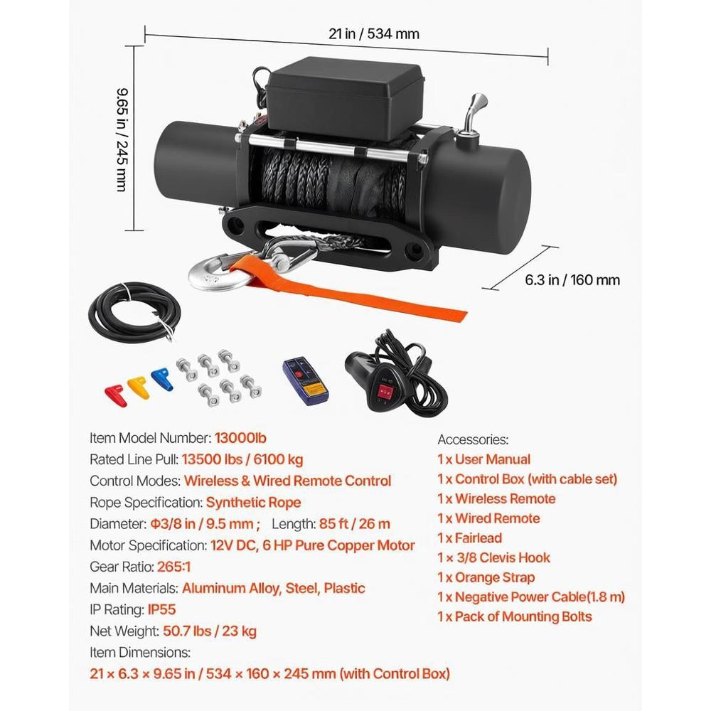 Electric Winch, 6100 Kg, 12 V DC Electric Winch With 26 M Synthetic Rope, Wireless & Wired Remote Control, IP55, For Towing Off-road Vehicles, Jeeps, Trailers & Boats