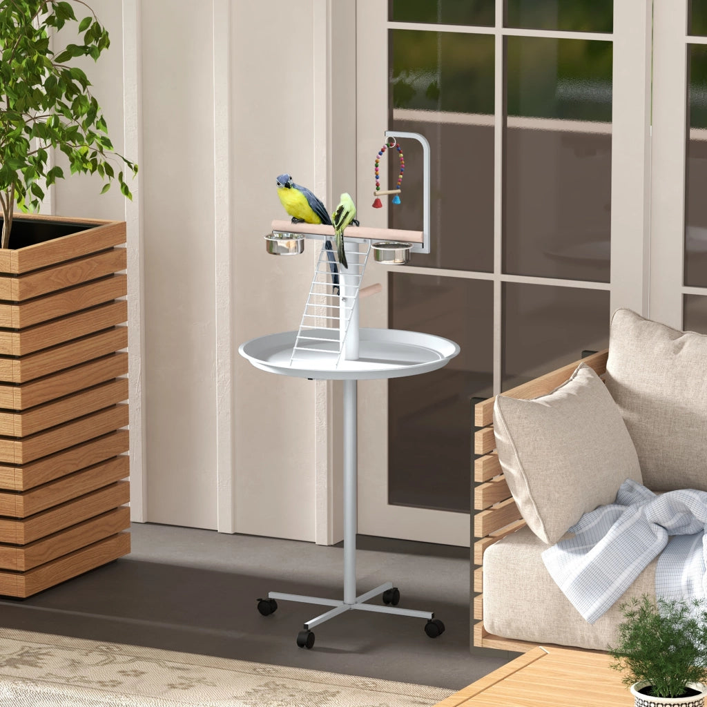 Trespolo per pappagalli con posatoi, scaletta, altalena e ciotole ¨C Xylo ¨C 60x60x138 cm bianco naturale