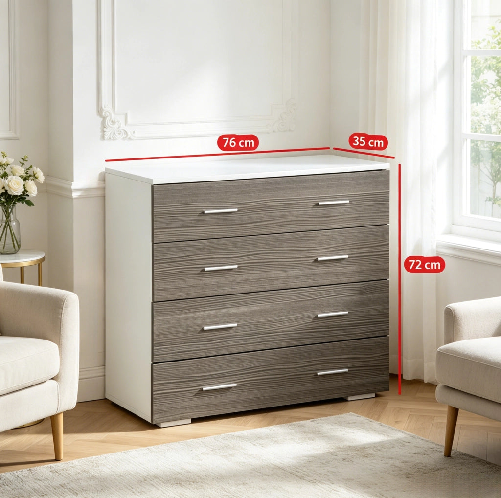 Cassettiera in truciolare bianco e grigio con 4 cassetti