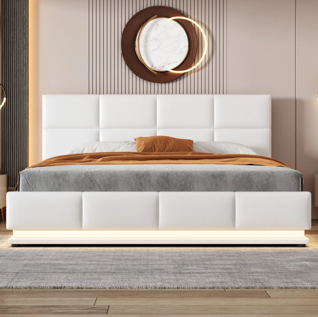 Letto imbottito 160x200 cm con LED, rete a doghe in metallo e contenitore, letto matrimoniale idraulico, bianco