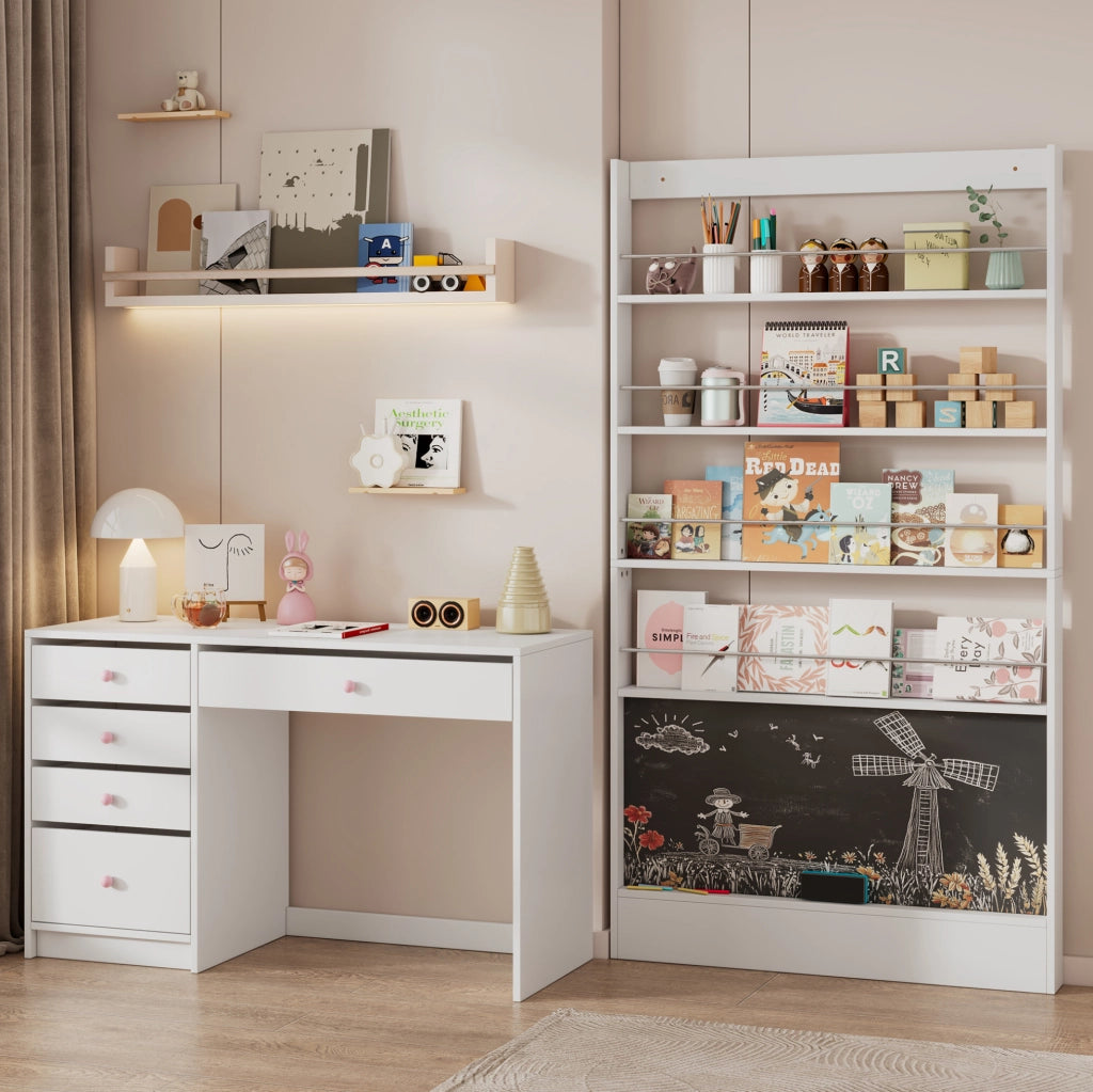 Set scrivania con 5 cassetti e libreria con lavagna 120x45x74 cm; bianco
