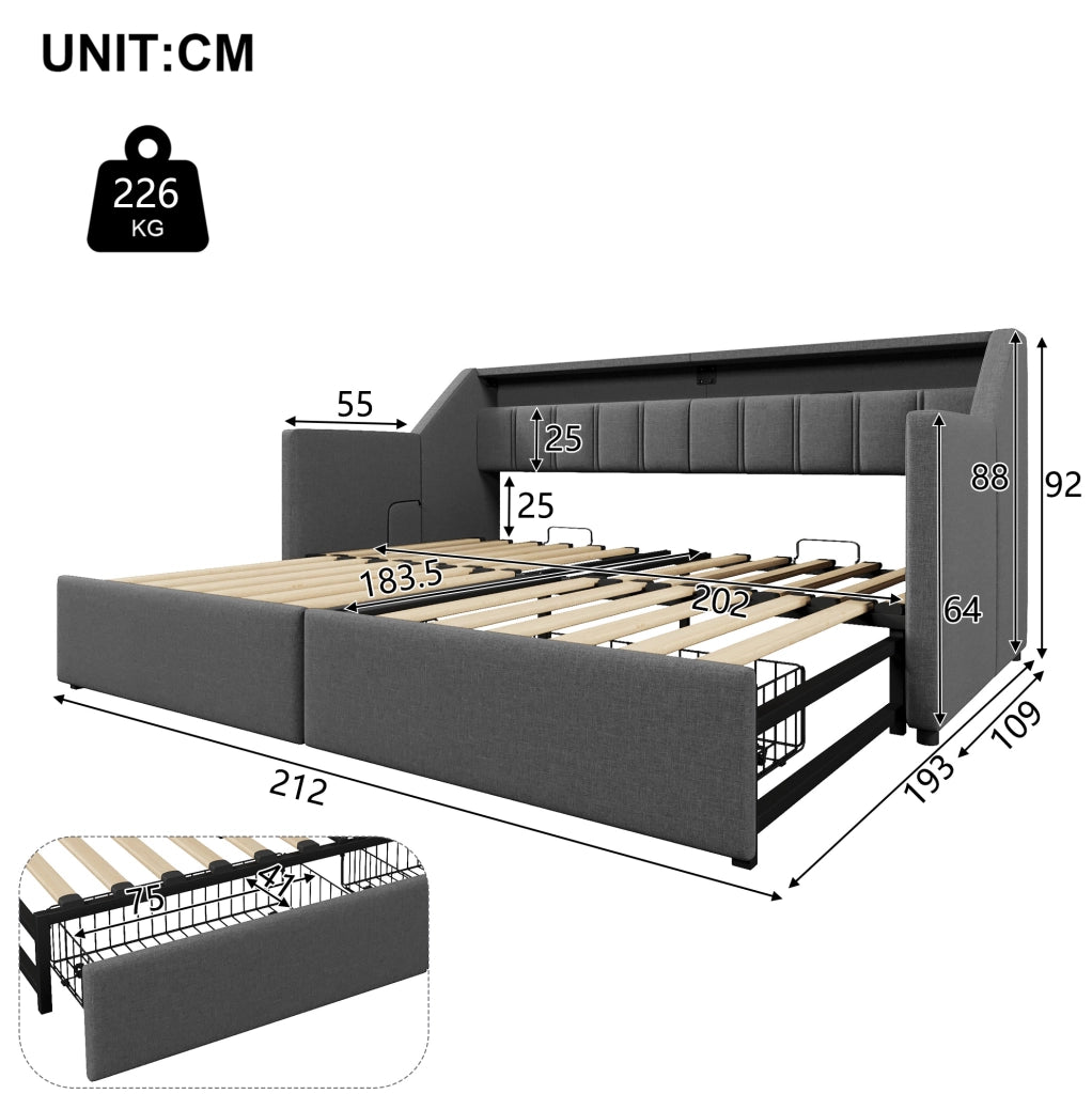 Letto giorno multifunzionale 90x200 cm in lino grigio con USB; Type-C; LED e 2 cassetti