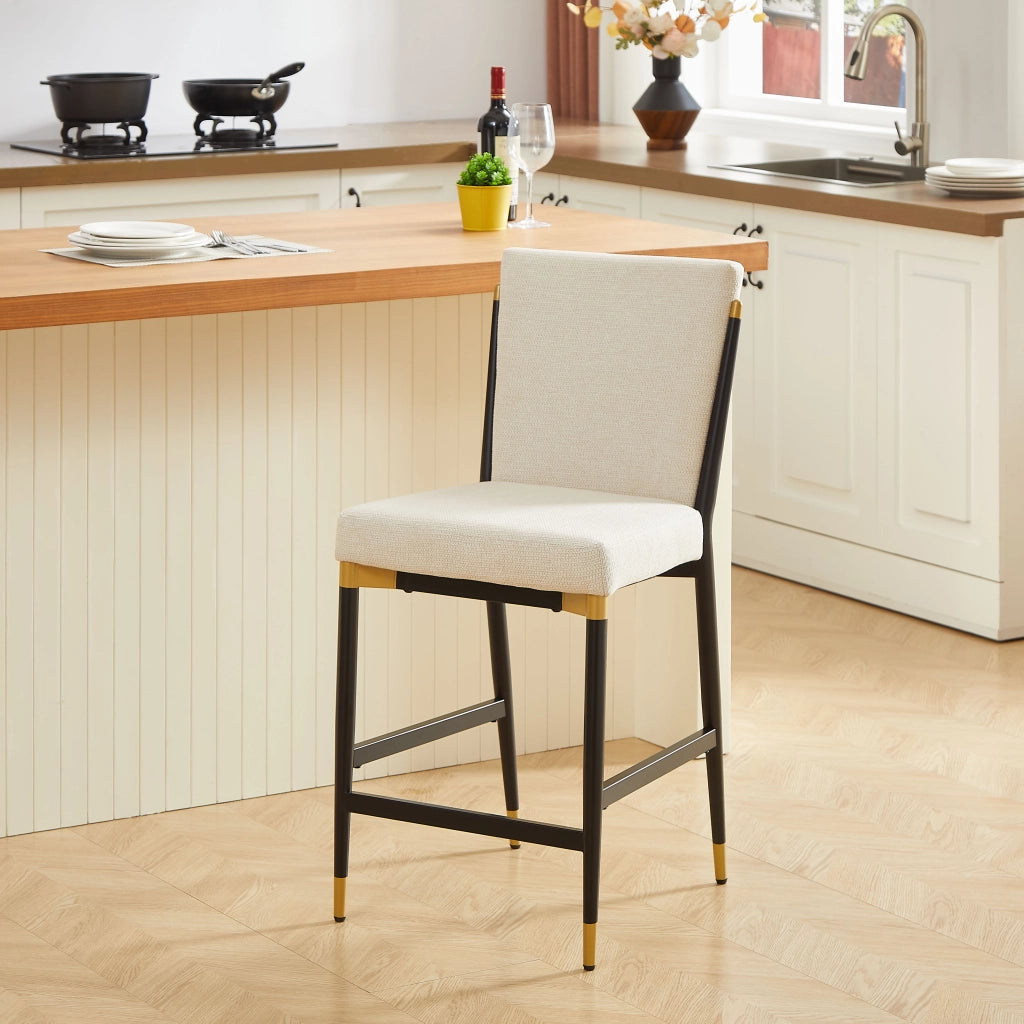 Set di 2 sgabelli da bar in stile scandinavo con poggiapiedi rettangolare, seduta in tessuto beige e struttura metallica