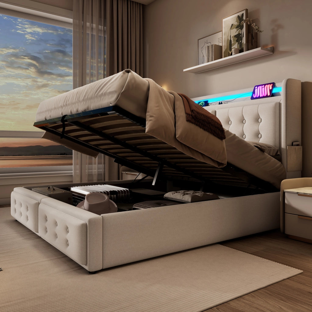 Letto imbottito 180x200 LED USB-C idraulico doghe 300kg beige