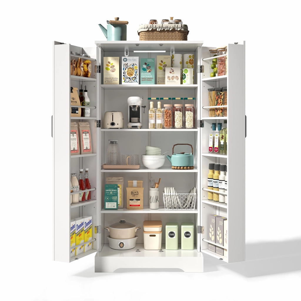 Armadio Cucina Multiuso con LED ¨C MINIMAL ¨C Bianco, Ripiani Regolabili, 60x35x128