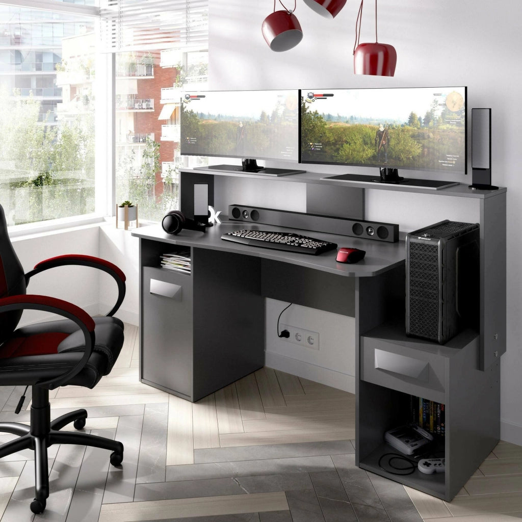 Scrivania Albertino, Scrittoio multifunzione moderno da gaming, Tavolo da studio porta PC e porta CD, 154x69h98 cm, Antracite, senza luci LED