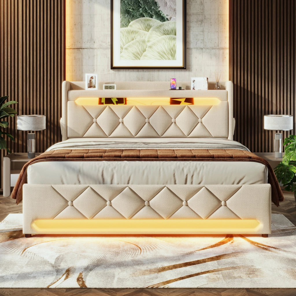 Letto contenitore imbottito beige 140 x 200 cm