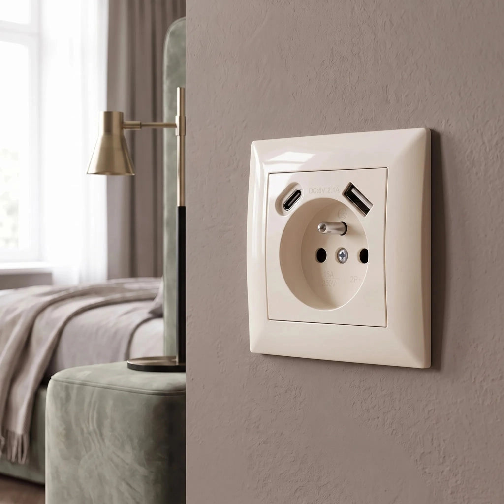 Presa Singola Con Messa A Terra + Usb-a Usb-c Oste Jnh004-g Beige