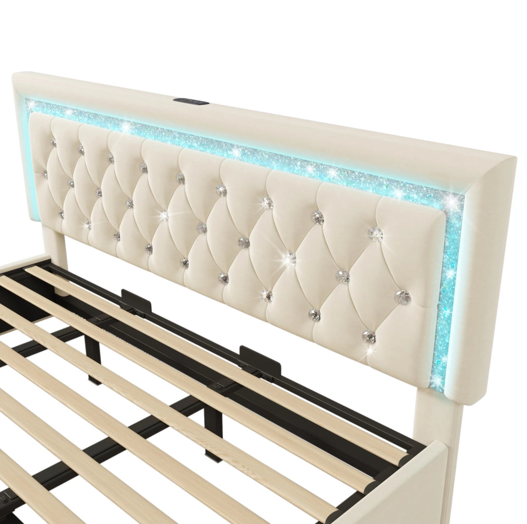 Letto imbottito 180x200 cm beige in velluto con LED, USB-C e vano contenitore