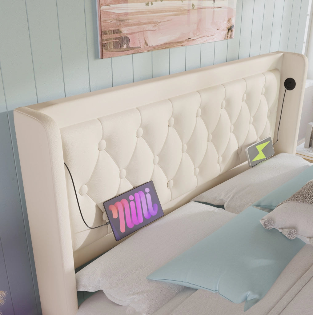 Letto matrimoniale imbottito 140x200 cm con contenitore, USB Type-C e LED