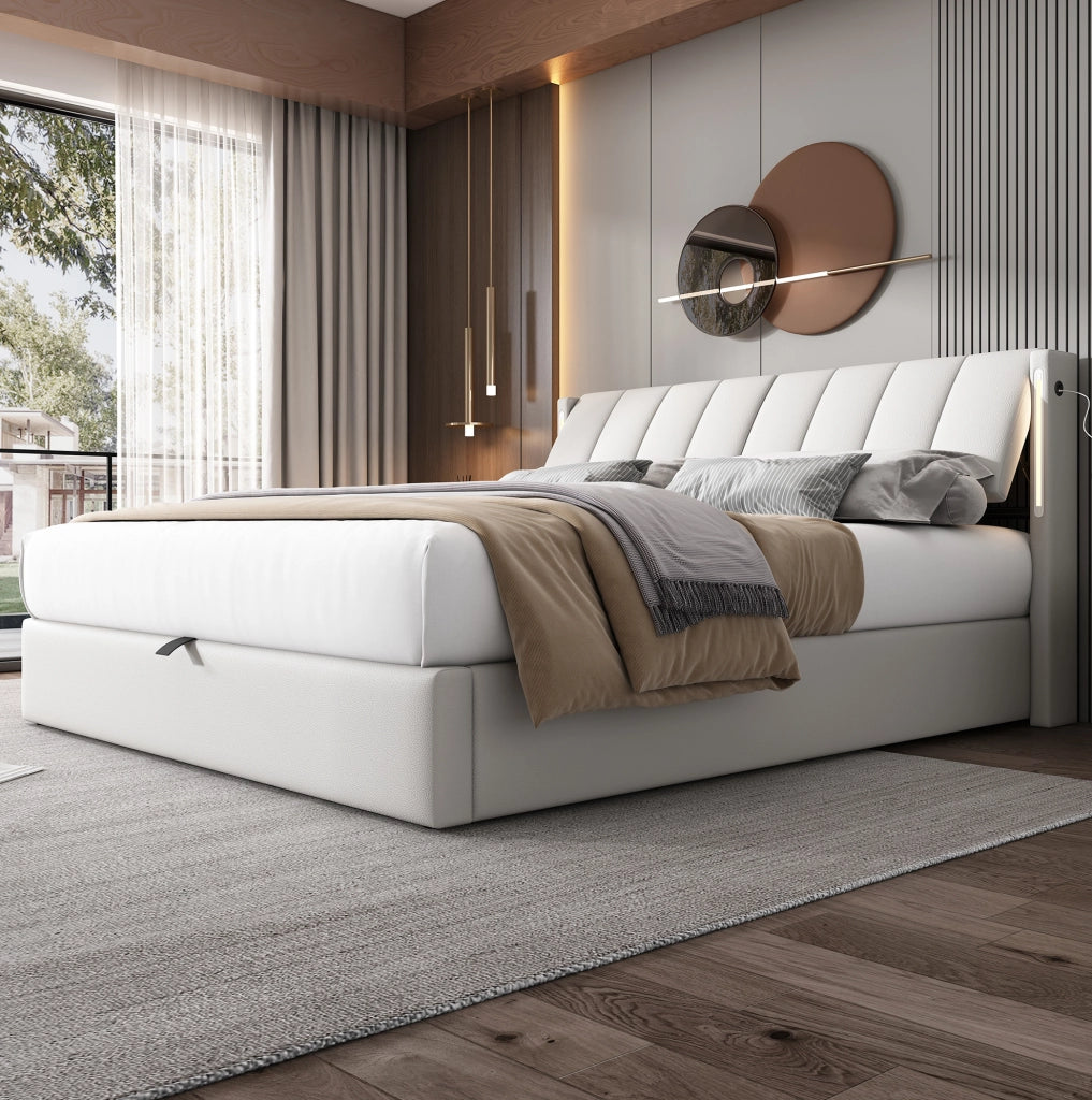 Letto contenitore 180x200 cm con LED; USB C e testiera regolabile; PU bianco