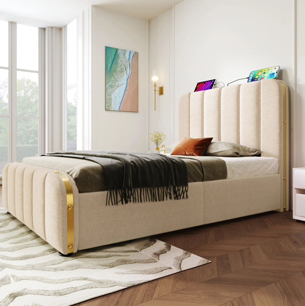 Letto singolo imbottito 90x200 cm con 4 cassetti, porta USB e Tipo C, in lino beige