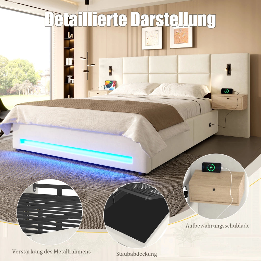 Letto matrimoniale imbottito 180x200 cm in velluto beige con contenitore, USB-C e LED