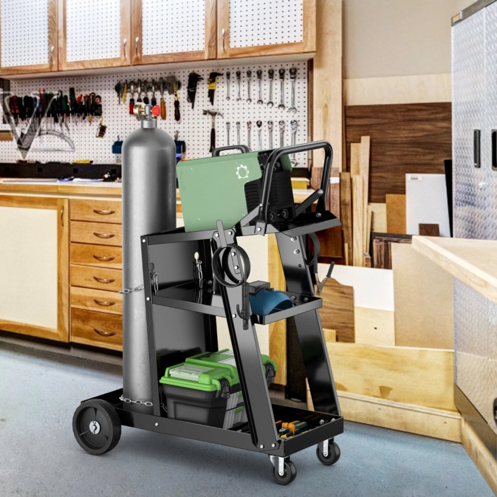Carrello per saldatore con tavolo inclinabile e 4 ruote per serbatoio-Carrello da saldatura a 3 livelli con catene anti-ribaltamento Nero