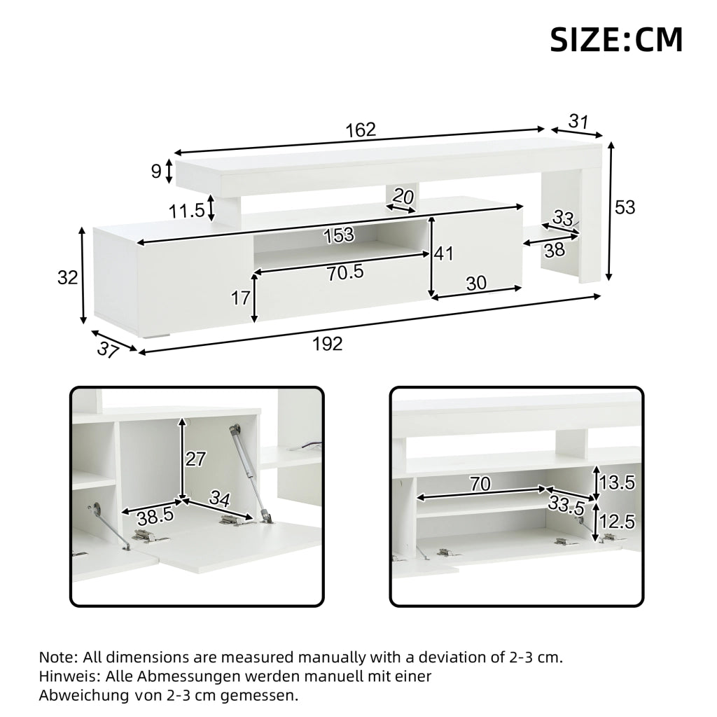 Mobile TV con 3 ante; vani aperti e LED; per soggiorno; 192 × 37 × 53 cm; in pannello truciolare; bianco